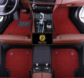 Ascot Cardinal custom car floor mats with red and black flecked coil carpet set into black ribbed leather, fitted front and rear