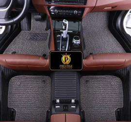 Ascot Gunmetal custom car floor mats with charcoal flecked coil carpet set into black ribbed leather, fitted front and rear