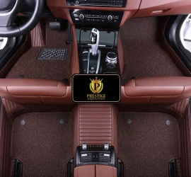 Ascot Mocha custom car floor mats with dark coffee coil carpet set into matching brown ribbed leather, fitted front and rear