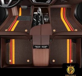 Riviera Cognac custom car floor mats in chocolate brown carpet with an amber and red racing stripe, fitted front and rear