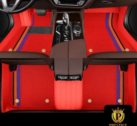 Riviera Crimson custom car floor mats in bright red carpet with a purple and orange racing stripe, fitted front and rear