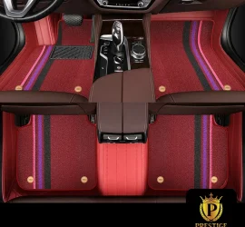 Riviera Merlot custom car floor mats in deep wine carpet with a magenta, purple and black racing stripe, fitted front and rear