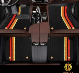 Riviera Obsidian custom car floor mats in black carpet with a red, orange and yellow racing stripe, fitted front and rear
