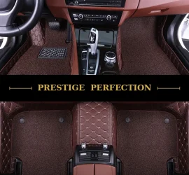 Sovereign Espresso custom car floor mats in dark coffee-brown coil carpet with matching brown leather edging, fitted front and rear