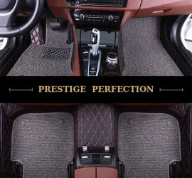 Sovereign Flint custom car floor mats in grey coil carpet with black leather edging and red contrast stitching, fitted front and rear