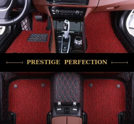 Sovereign Garnet custom car floor mats in red coil carpet with black leather edging and red contrast stitching, fitted front and rear