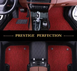 Sovereign Scarlet custom car floor mats in scarlet red coil carpet with black leather edging, fitted across the front and rear footwells