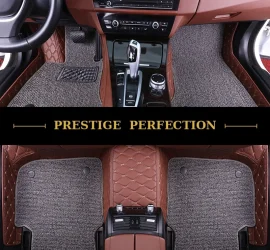 Sovereign Sterling custom car floor mats in light grey coil carpet with black leather edging and cream stitching, fitted front and rear