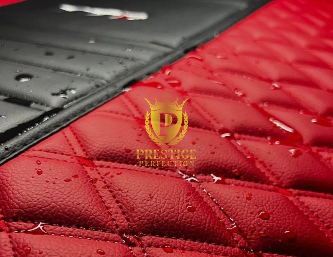 Why choose us — red and black quilted mats Red and black quilted leather custom car floor mats with water droplets