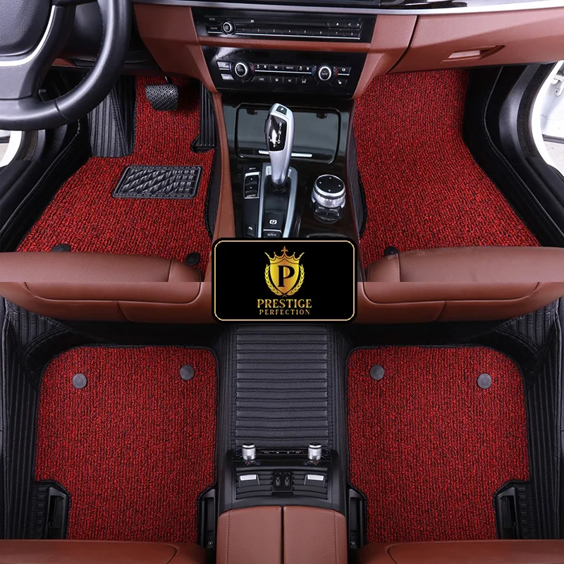 Ascot Cardinal custom car floor mats with red and black flecked coil carpet set into black ribbed leather, fitted front and rear