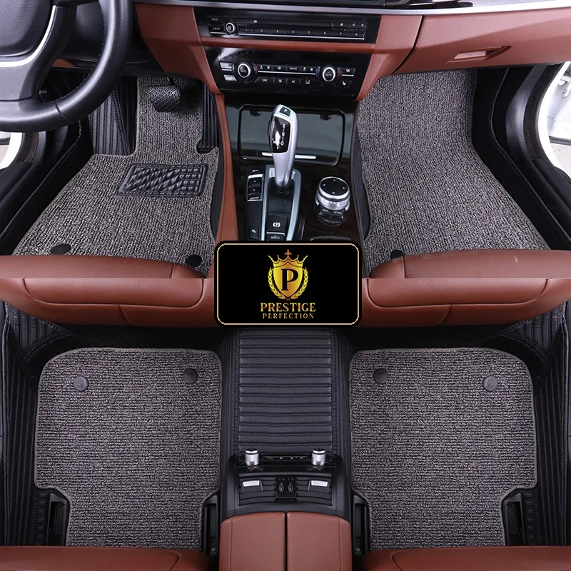 Ascot Gunmetal custom car floor mats with charcoal flecked coil carpet set into black ribbed leather, fitted front and rear
