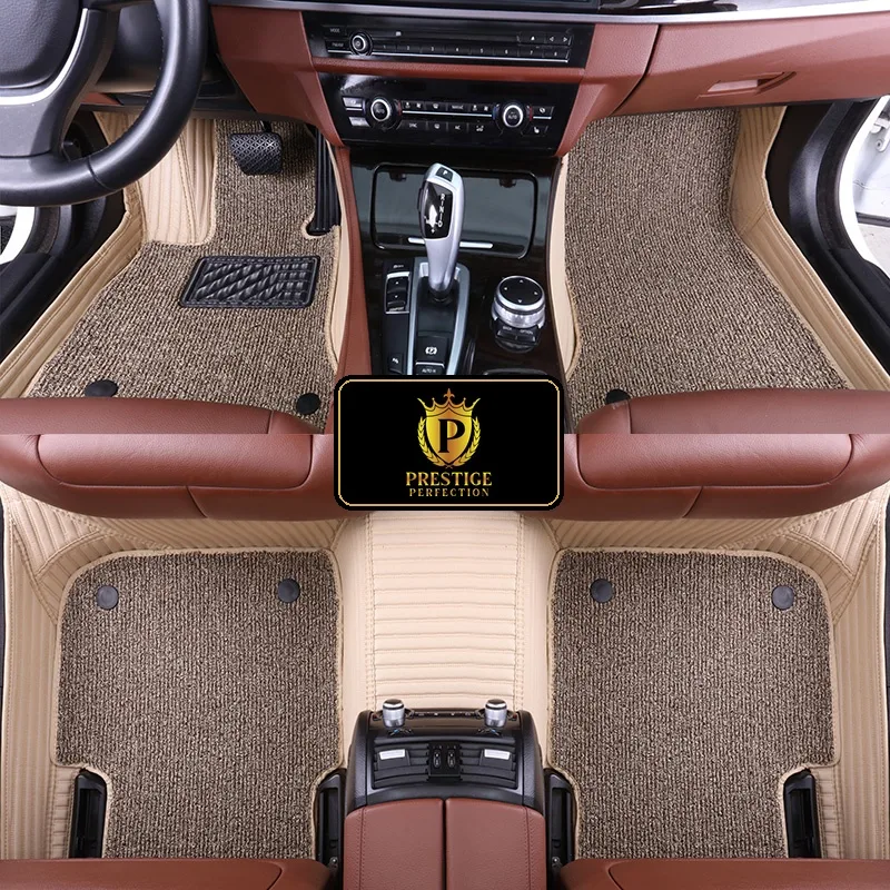 Ascot Ivory custom car floor mats with oatmeal coil carpet set into cream ribbed leather, fitted across the front and rear footwells