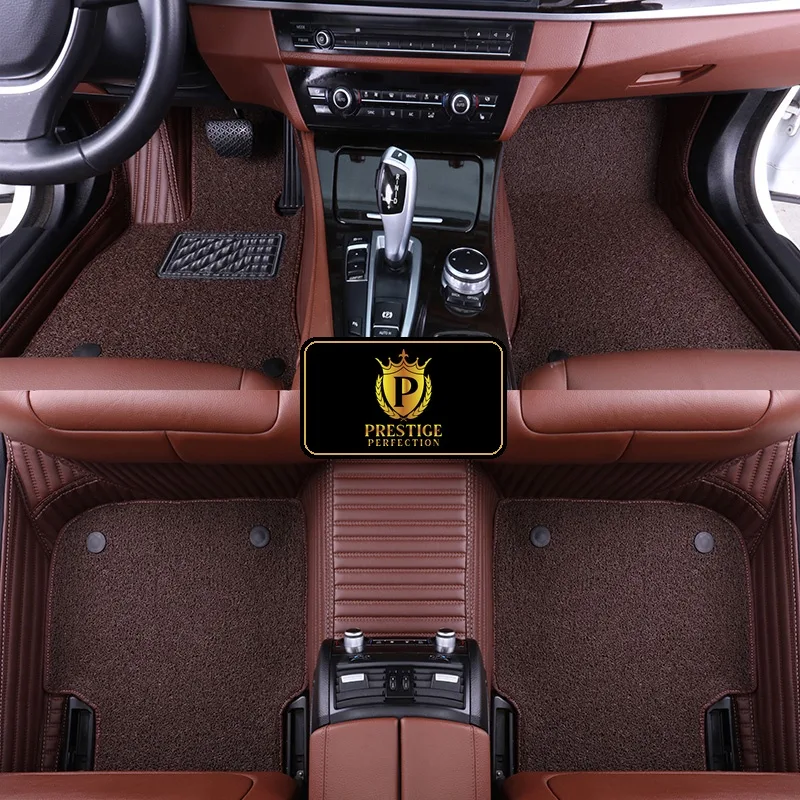 Ascot Mocha custom car floor mats with dark coffee coil carpet set into matching brown ribbed leather, fitted front and rear