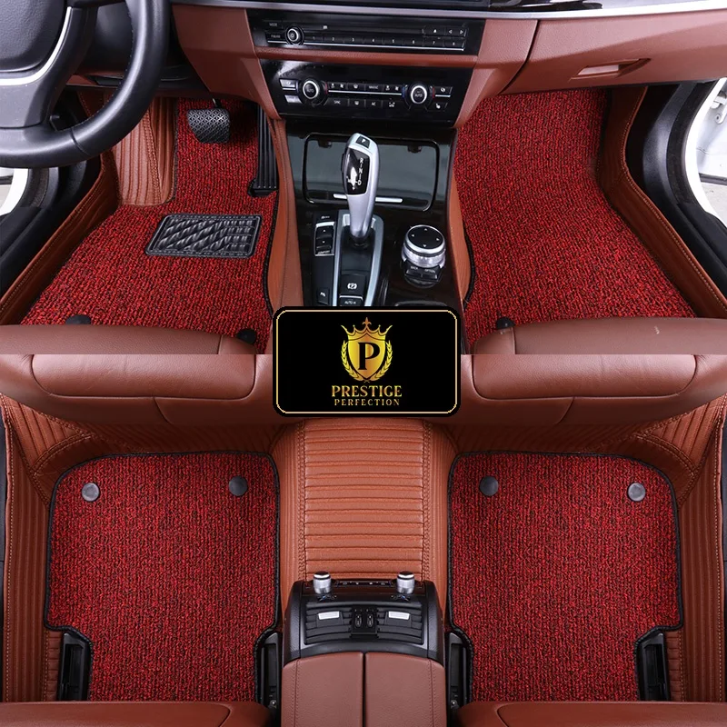 Ascot Ruby custom car floor mats with red and black coil carpet set into a tan ribbed leather base, fitted front and rear