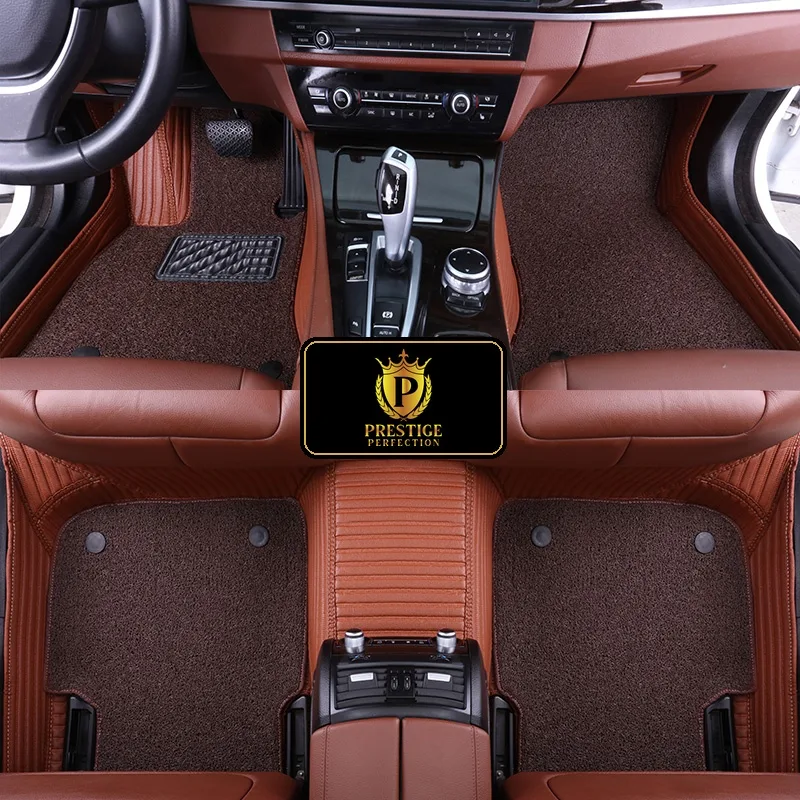 Ascot Walnut custom car floor mats with dark chocolate coil carpet set into a caramel ribbed leather base, fitted front and rear