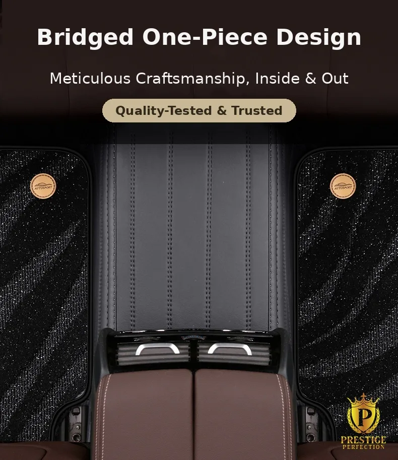 Riviera Series rear mat shown as one bridged piece covering the transmission tunnel between the rear footwells, with gold badge studs