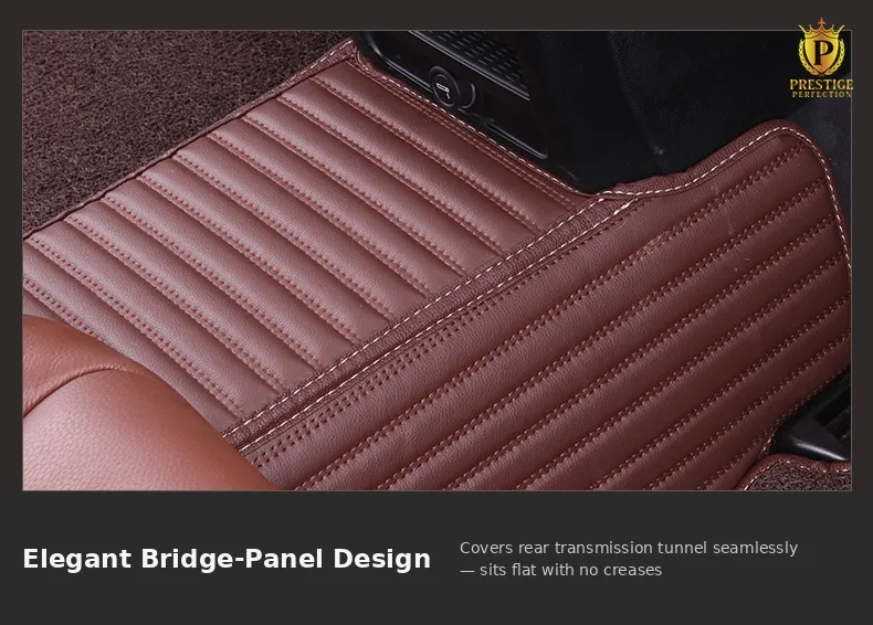 Sovereign Series bridge panel lying flat across a car's rear transmission tunnel, showing the ribbed leather finish without creases