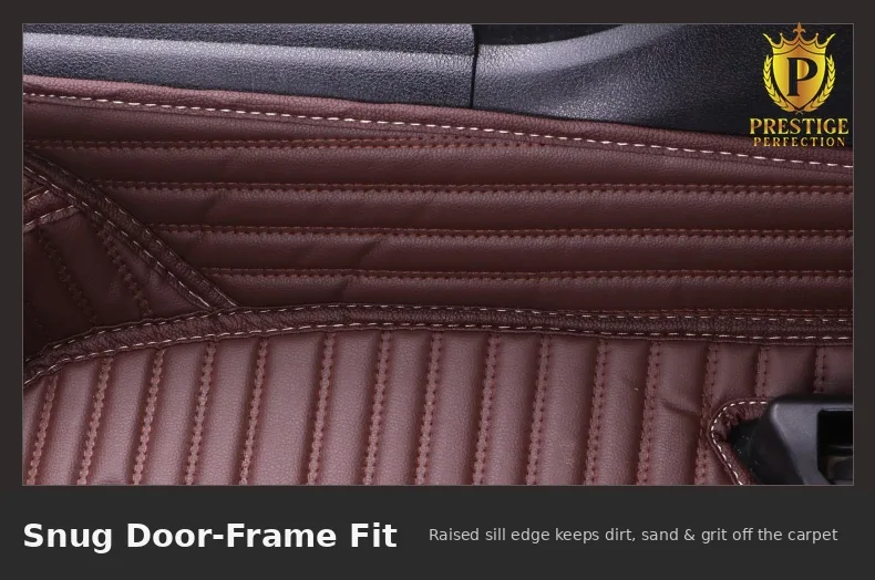 Raised leather sill edge of a Sovereign Series mat following the door frame of a car to keep dirt and grit off the carpet