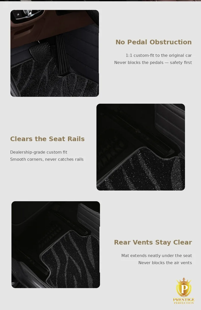 Three fitted views of Riviera Series mats showing the pedals left clear, smooth corners around the seat rails, and the mat running under the seat without covering the rear air vents