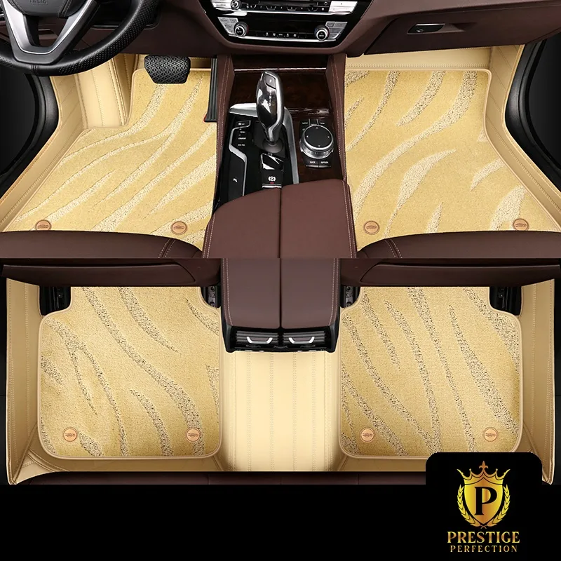 Onyx Beige custom car floor mats in champagne wave-textured carpet with a matching beige leather surround, fitted front and rear