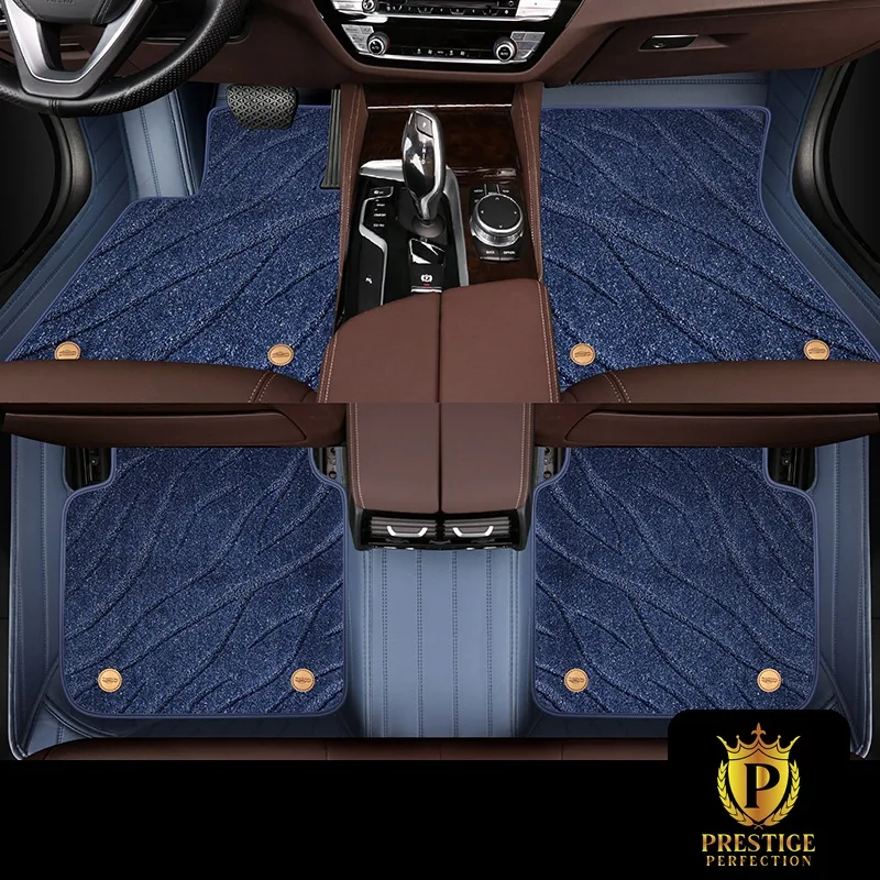 Onyx Blue custom car floor mats in deep denim-blue wave-textured carpet with a slate-blue leather surround, fitted front and rear