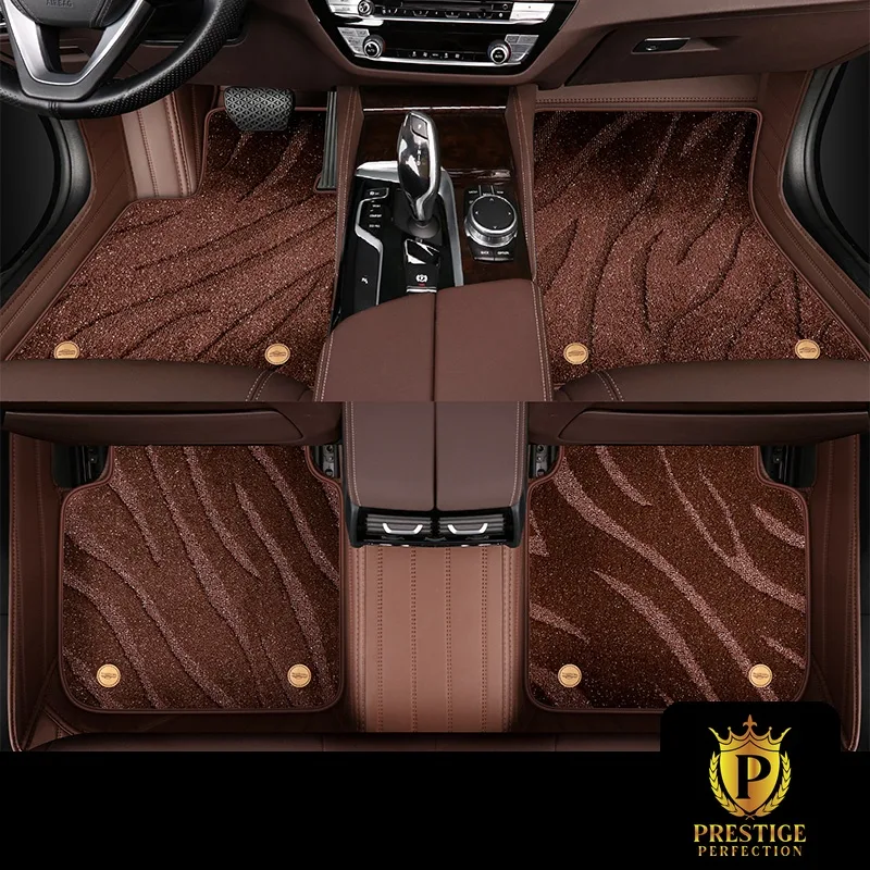 Onyx Brown custom car floor mats in chocolate wave-textured carpet with a matching brown leather surround, fitted front and rear