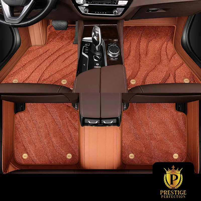 Onyx Caramel custom car floor mats in burnt-caramel wave-textured carpet with a tan leather surround, fitted front and rear