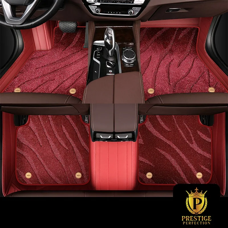 Onyx Crimson custom car floor mats in deep wine-red wave-textured carpet with a matching red leather surround, fitted front and rear