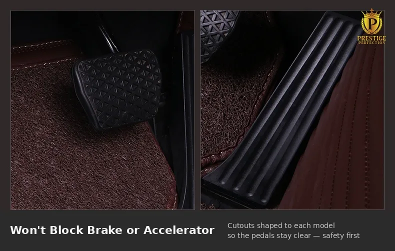 Two views of a Sovereign Series driver mat cut away around the brake and accelerator pedals so both stay completely clear