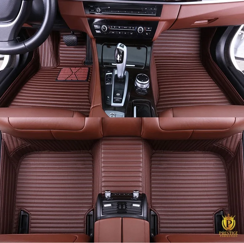 Portofino Brown custom car floor mats in deep chocolate ribbed leather with tonal stitching, fitted across the front and rear footwells