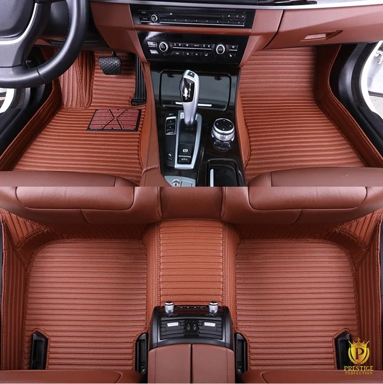 Portofino Caramel custom car floor mats in warm tan ribbed leather with tonal stitching, fitted front and rear in a car interior