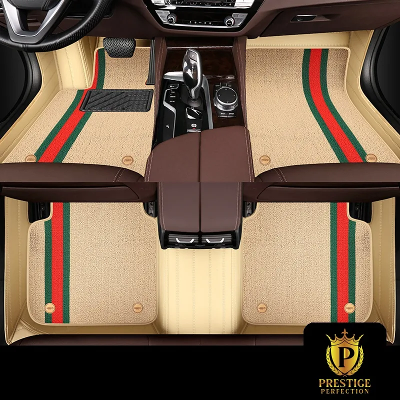 Riviera Champagne custom car floor mats in cream carpet with a red and green racing stripe, fitted across the front and rear footwells of a car