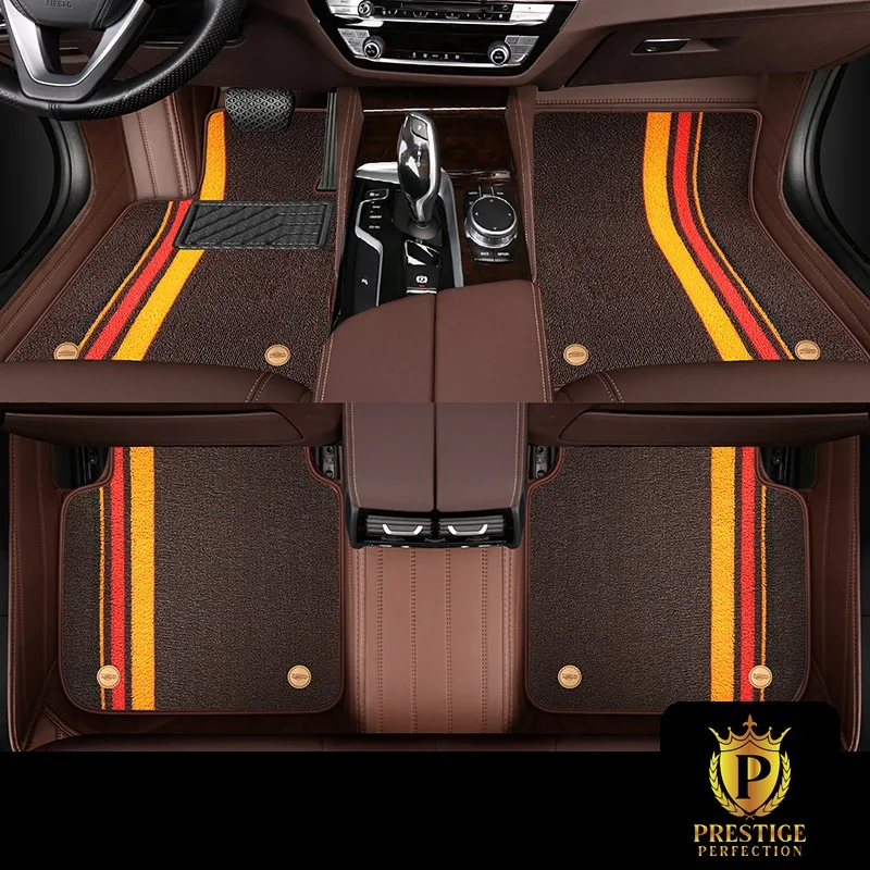 Riviera Cognac custom car floor mats in chocolate brown carpet with an amber and red racing stripe, fitted front and rear