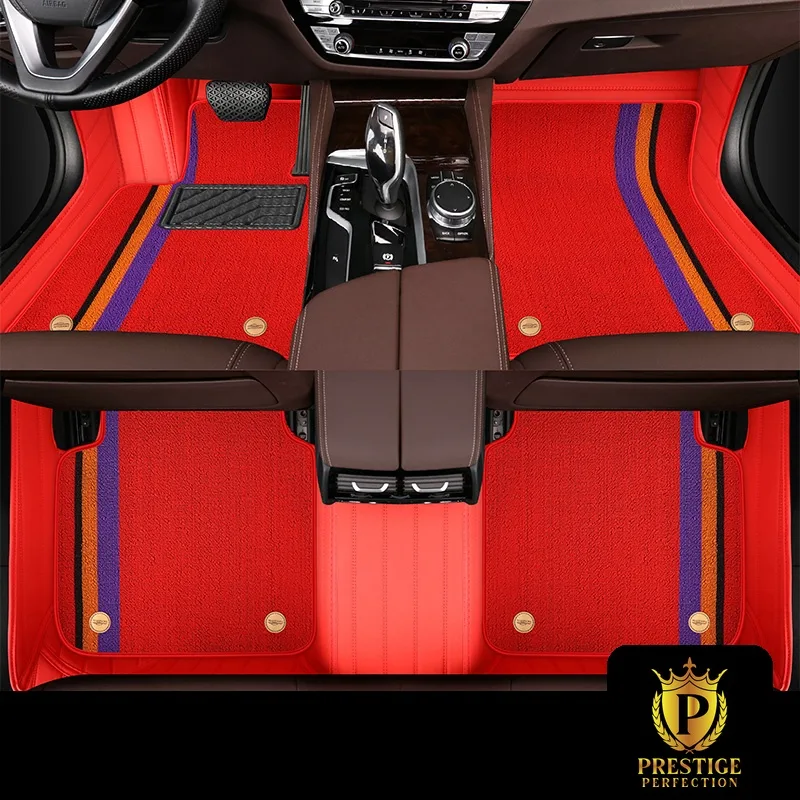 Riviera Crimson custom car floor mats in bright red carpet with a purple and orange racing stripe, fitted front and rear