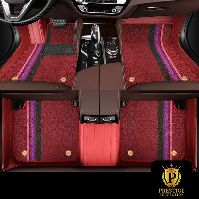 Riviera Merlot custom car floor mats in deep wine carpet with a magenta, purple and black racing stripe, fitted front and rear