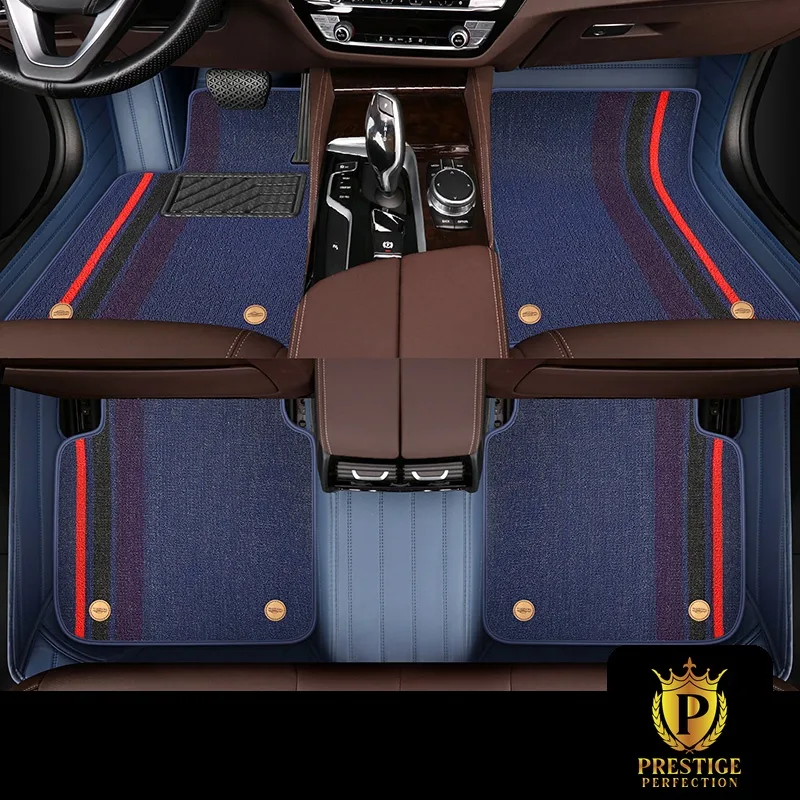 Riviera Monaco custom car floor mats in navy blue carpet with a red and black racing stripe, fitted across the front and rear footwells