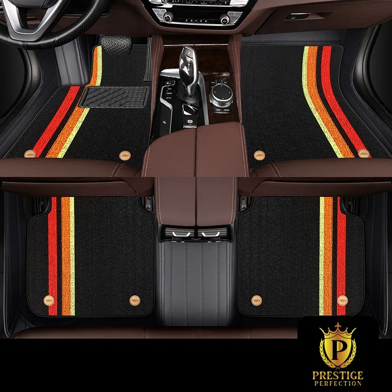 Riviera Obsidian custom car floor mats in black carpet with a red, orange and yellow racing stripe, fitted front and rear