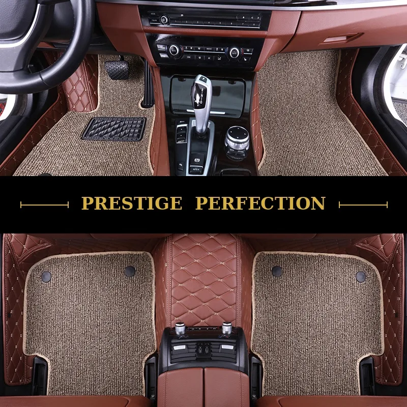 Sovereign Camel custom car floor mats in tan coil carpet with tan leather edging, fitted across the front and rear footwells of a car
