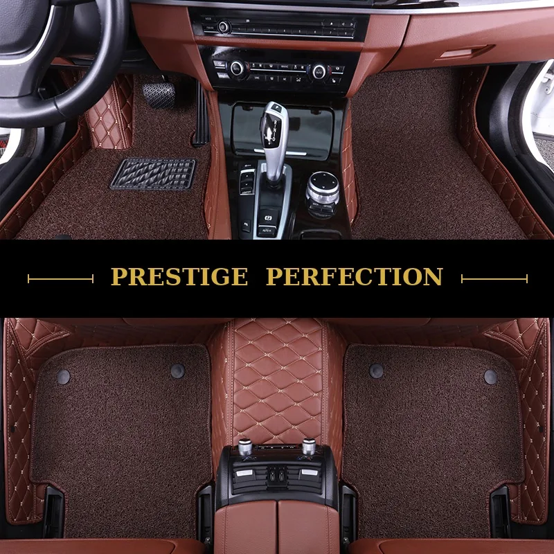 Sovereign Chestnut custom car floor mats in reddish-brown coil carpet with tan leather edging and cream stitching, fitted front and rear