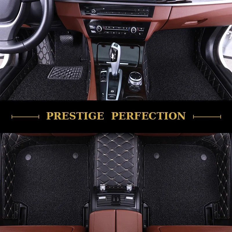 Sovereign Ebony custom car floor mats in black coil carpet with black leather edging and cream stitching, fitted front and rear
