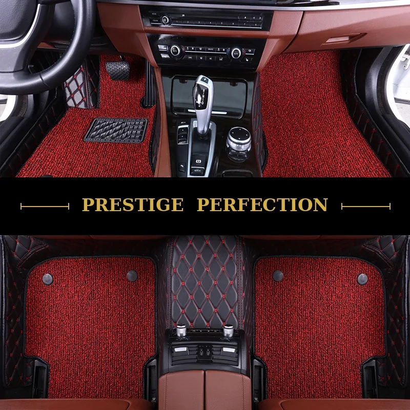 Sovereign Garnet custom car floor mats in red coil carpet with black leather edging and red contrast stitching, fitted front and rear