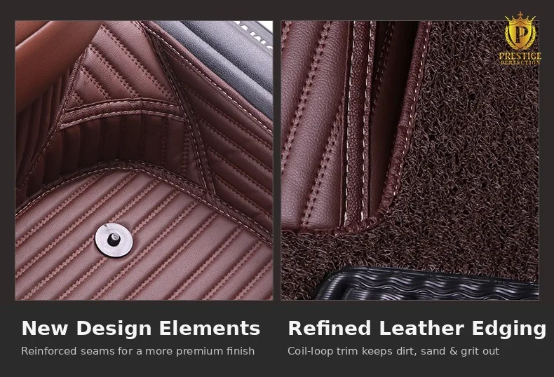 Paired detail shots of Sovereign Series mats showing reinforced seams on the quilted leather base and the coil-loop carpet meeting its leather trim