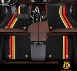 Riviera Obsidian custom car floor mats in black carpet with a red, orange and yellow racing stripe, fitted front and rear