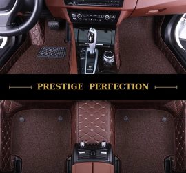 Sovereign Espresso custom car floor mats in dark coffee-brown coil carpet with matching brown leather edging, fitted front and rear