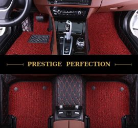 Sovereign Garnet custom car floor mats in red coil carpet with black leather edging and red contrast stitching, fitted front and rear