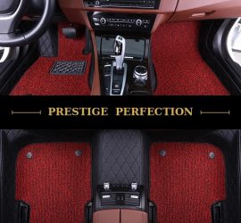 Sovereign Scarlet custom car floor mats in scarlet red coil carpet with black leather edging, fitted across the front and rear footwells