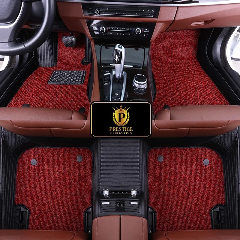 Ascot Cardinal custom car floor mats with red and black flecked coil carpet set into black ribbed leather, fitted front and rear