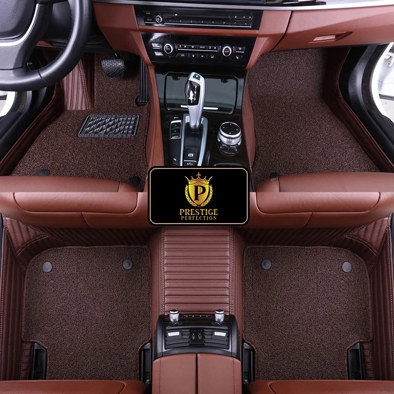 Ascot Mocha custom car floor mats with dark coffee coil carpet set into matching brown ribbed leather, fitted front and rear