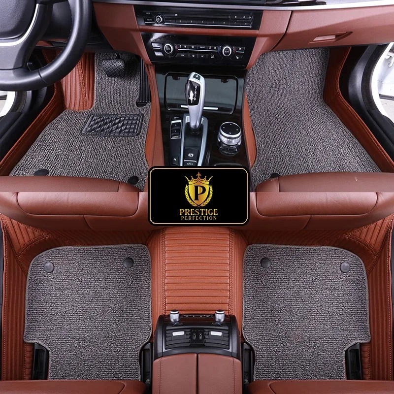 Ascot Pewter custom car floor mats with grey coil carpet set into a tan ribbed leather base, fitted across the front and rear footwells