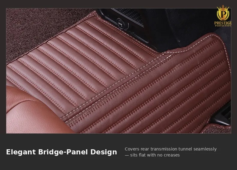 Sovereign Series bridge panel lying flat across a car's rear transmission tunnel, showing the ribbed leather finish without creases